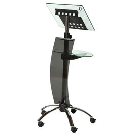 Comprar Atril para presentaciones móvil de estructura cromada y curvada superficie de metacrilato. Altura 105-145cm